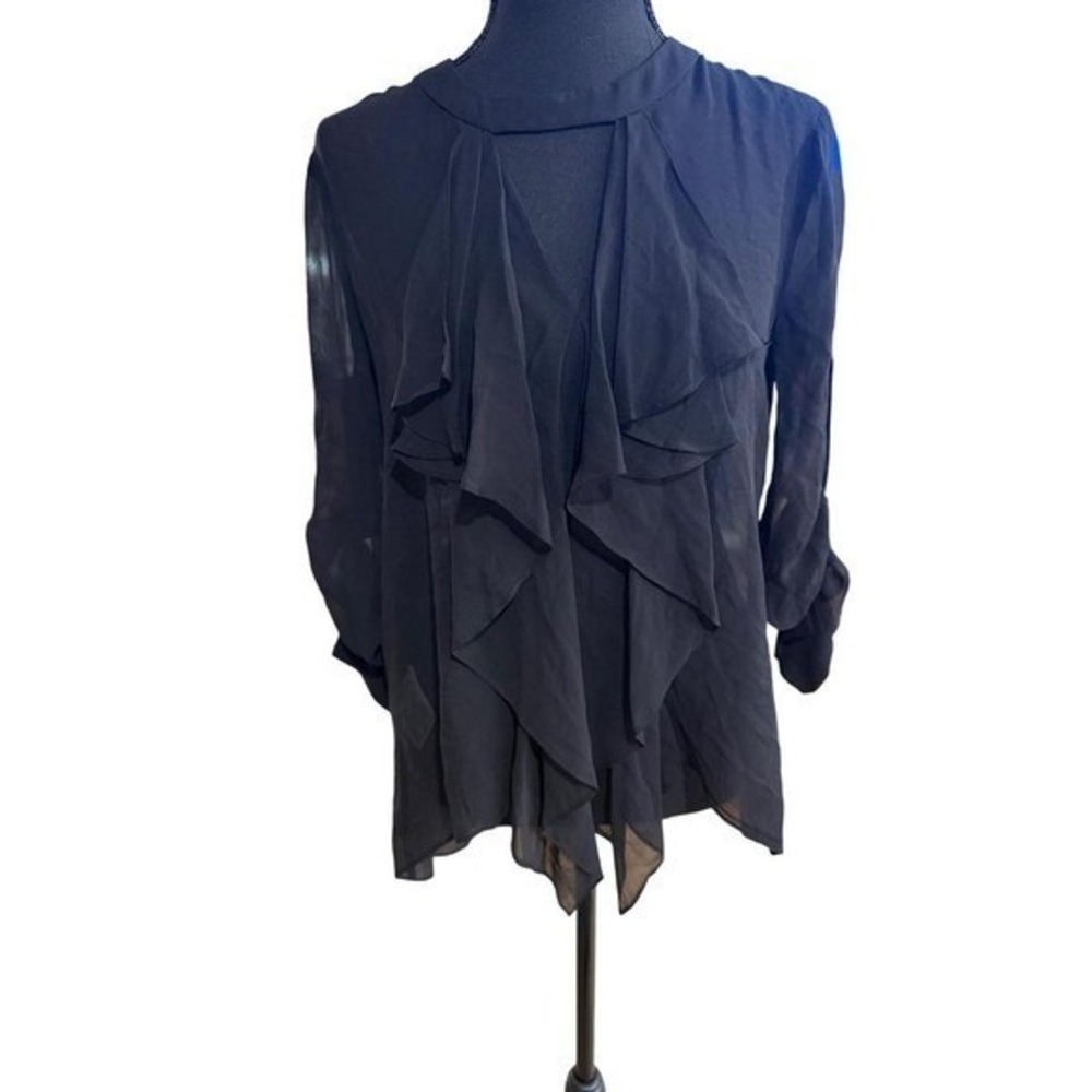 BCBGMAXAZRIA Enya Black 100% Silk Ruffle Front Sheer Blouse Top Small SIL1Q126